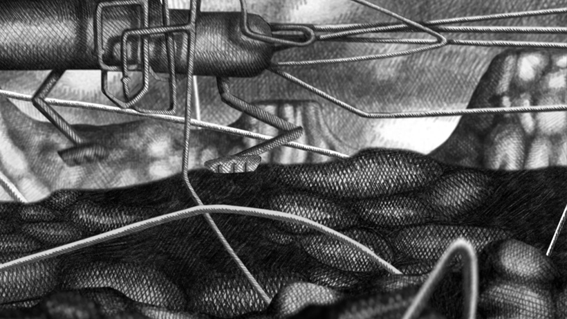 screen shot from Foodstuffs of pencil drawn steam tank walking across the rocky landscape